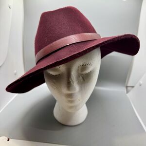 Lucky Brand Burgundy Wool Wide Brim Hat Faux Leather & Brass Band 8" Size Boho